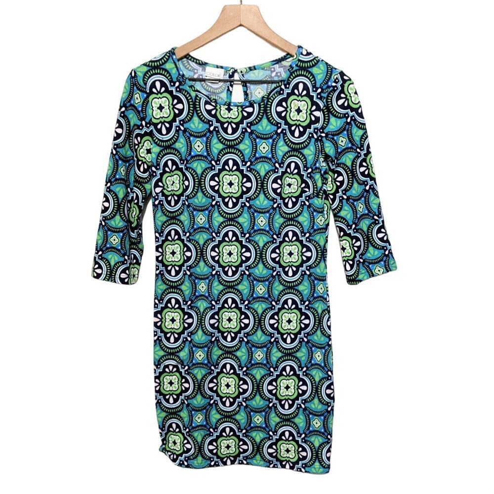 All For Color Dress Womens S Blue Green Geometric Print 3/4 Sleeve Shift Boho
